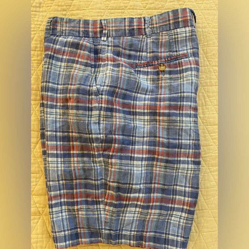 PETER MILLAR Flat Front Plaid Linen Madras Shorts in Blue (Multi) Size 38